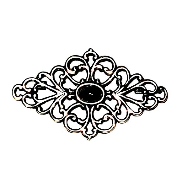 Beautiful Vintage Ornate Sterling Silver & Onyx Cabochon Pin/Brooch - Picture 1 of 8